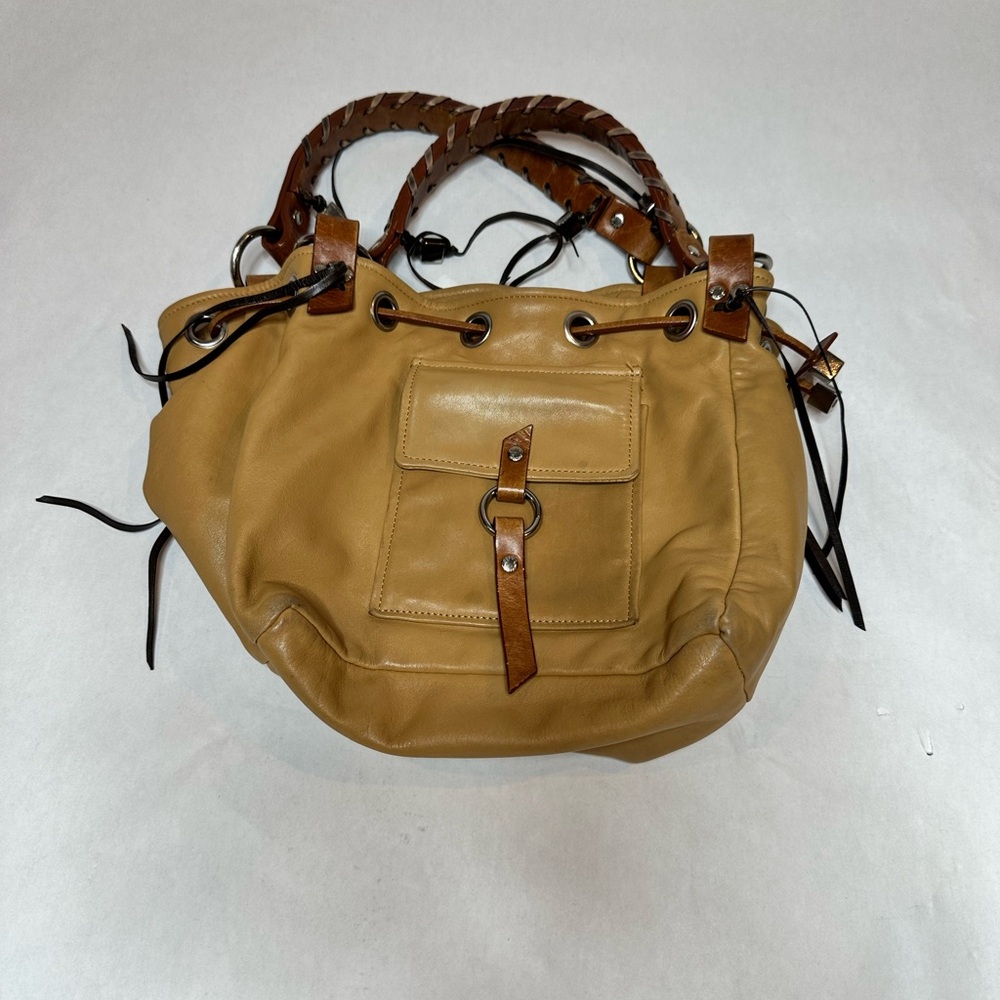 Desmo Leather Handbag Tan Brown Beige Made in Italy Double Strap Fringe Pocket